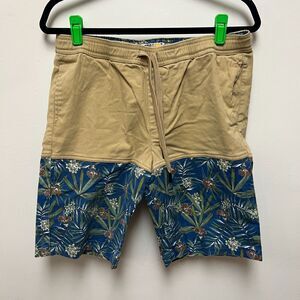 Prntd Polymer Shorts Mens 36 Tan/Blue Floral Chino Outdoor Casual Drawstring